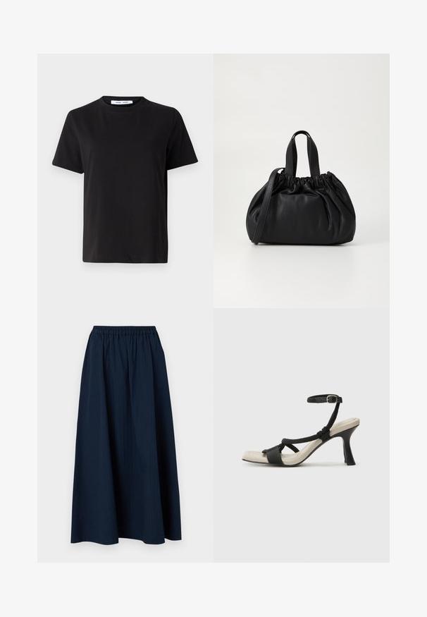 T-shirt preto de manga curta feito de algodão suave, com decote redondo, ajuste descontraído e uma textura suave. Sem padrões ou gráficos visíveis.; Saia longa azul marinho feita de tecido texturizado, com cintura elástica e finas riscas verticais.; Sandal com salto alto preto e design de tiras trançadas, bico quadrado e tira de tornozelo ajustável. Sola em tom bege claro com um salto preto brilhante.; Bolsa de couro preta com um design de topo franzido, apresentando duas alças curtas e uma alça longa ajustável. Textura suave, formato arredondado.