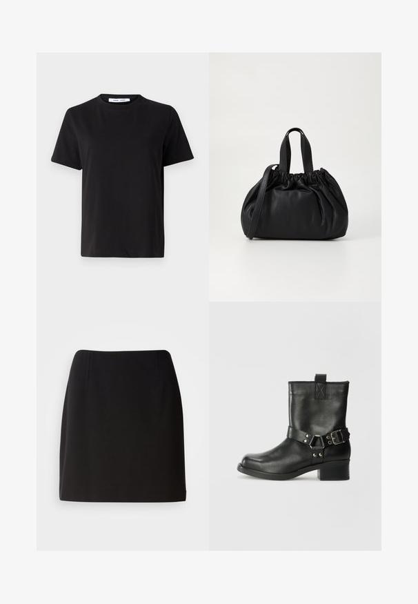 Čierne tričko s krátkym rukávom vyrobené z mäkkej bavlny, s okrúhlym výstrihom, uvoľneným strihom a hladkou štruktúrou. Žiadne viditeľné vzory ani grafika.; Čierna sukňa s priliehavým strihom, vyrobená zo hladkej tkaniny. Má jemné predné záhyby a strih do polovice stehien.; Samsøe Samsøe SABRENTA - Kovbojská/motorkárska členková čižma - black; Čierna kožená kabelka so zberaným vrchom, s dvoma krátkymi držadlami a dlhým nastaviteľným popruhom. Hladká textura, zaoblený tvar.