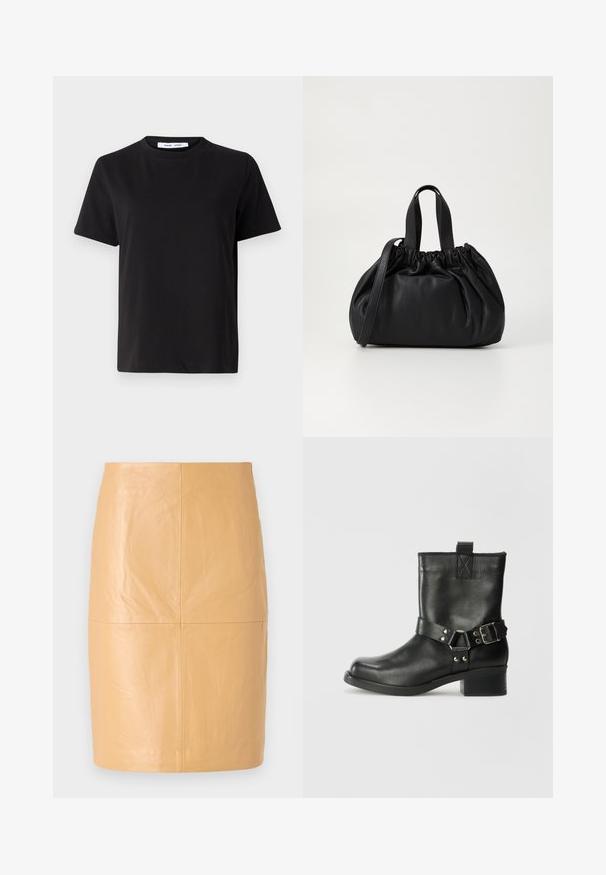 Must have lühikeste varrukatega t-särk, mis on valmistatud pehmest puuvillast, ümmarguse kaelusega, lõdva sobivusega ja sileda tekstuuriga. Ei ole nähtavaid mustreid ega graafikat.; 2nd Day JAYAN - Nahkseelik - camel; Samsøe Samsøe SABRENTA - Kauboi/mootorratturi poolsaapad - black; Mustmust mustkott mustrihmaga ülaosa disainiga, millel on kaks lühikest käepidet ja pikk reguleeritav rihm. Sile tekstuur, ümar kuju.