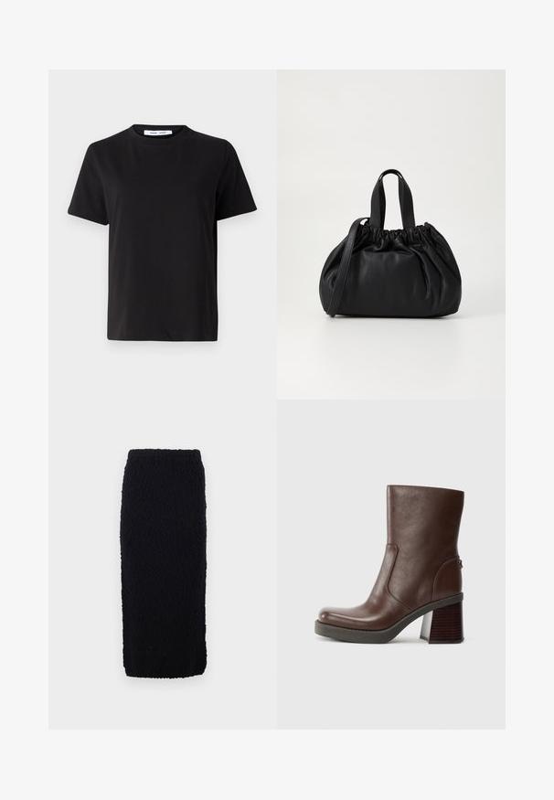 Černé tričko s krátkým rukávem vyrobené z měkké bavlny, s kulatým výstřihem, volným střihem a hladkým povrchem. Žádné viditelné vzory ani grafika.; Černá pletená sukně do délky kolen s texturovaným povrchem a rovný střih. Pas je elastický pro pohodlí.; Hnědá kožená kotníková botka s kulatou špičkou, hladkým povrchem a robustním dřevěným podpatkem. Detail bočního švu a jemný lesk.; Černá kožená kabelka s designem staženého vršku, která má dvě krátké ucha a dlouhý nastavitelný popruh. Hladký povrch, zaoblený tvar.