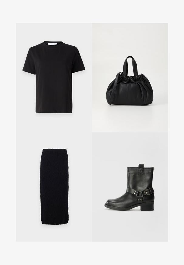Tricou negru cu manșon scurt, fabricat din bumbac moale, având un guler rotund, o croială lejeră și o textură netedă. Fără modele sau grafice vizibile.; Fustă tricotată neagră, până la genunchi, cu o suprafață texturată și o croială dreaptă. Talia este elastică pentru confort.; Samsøe Samsøe SABRENTA - Botine cowboy/biker - black; Geantă de mână din piele neagră cu un design cu partea superioară plisată, având două mânere scurte și o curea lungă ajustabilă. Textură netedă, formă rotunjită.
