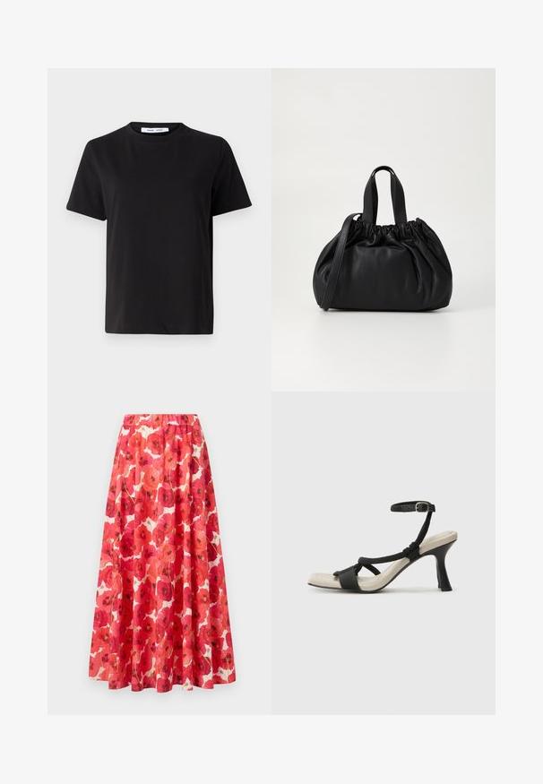 Must have lühikeste varrukatega t-särk, mis on valmistatud pehmest puuvillast, ümmarguse kaelusega, lõdva sobivusega ja sileda tekstuuriga. Ei ole nähtavaid mustreid ega graafikat.; Seelik elastse vöökohtaga, millel on lilleline muster punaste ja roosade moonidega valgel taustal. Voogav A-line kuju, kerge kangas.; Mustad musta kontsaga sandaal, millel on punutud rihma disain, ruudukujuline varvas ja reguleeritav pahkluu rihm. Heleda beeži värvi jalapadi ja läikiv must konts.; Mustmust mustkott mustrihmaga ülaosa disainiga, millel on kaks lühikest käepidet ja pikk reguleeritav rihm. Sile tekstuur, ümar kuju.