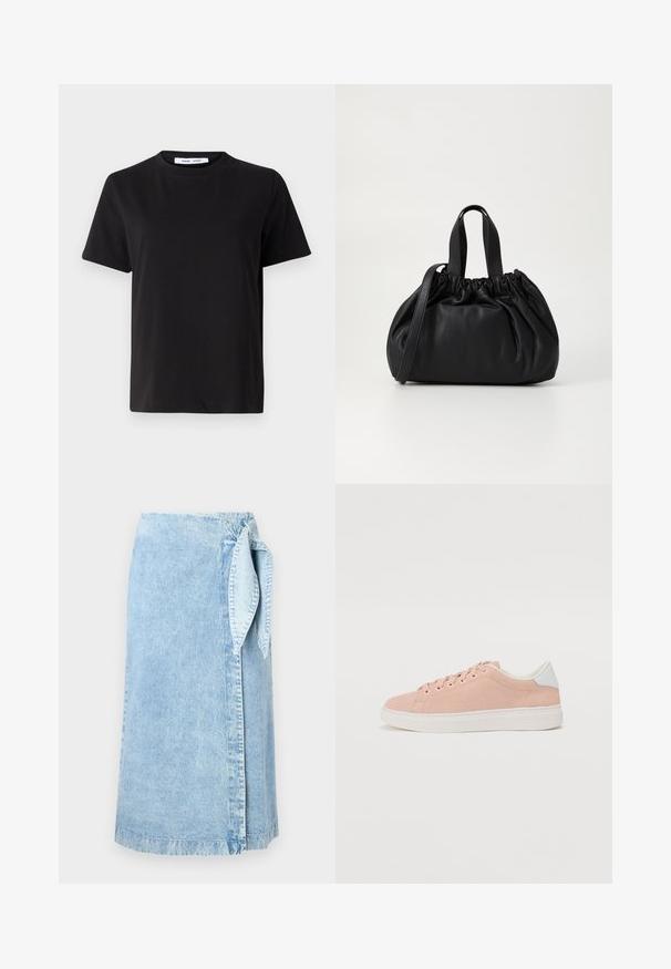 Juodas trumpas rankovės marškinėliai, pagaminti iš minkštos medvilnės, su apvaliu iškirpimu, laisvu pritaikymu ir lygiu paviršiumi. Nėra matomų raštų ar grafikos.; Šviesiai mėlyna džinsinė apvyniota sijonas, su surištos pusės detale, tiesiu kirpimu ir subtiliu nusidėvėjimu audinio paviršiuje.; Šviesiai rožiniai zomšiniai sportbačiai su balta guma apatinėje dalyje, su apvaliu pirštu ir baltu kulno akcentu. Yra plokščios raišteliai ir minimalus prekės ženklas šone.; Juoda odinė rankinė su susiraukšlėjusiu viršumi, su dviem trumpomis rankenėlėmis ir ilga reguliuojama juosta. Lygus paviršius, apvalios formos.