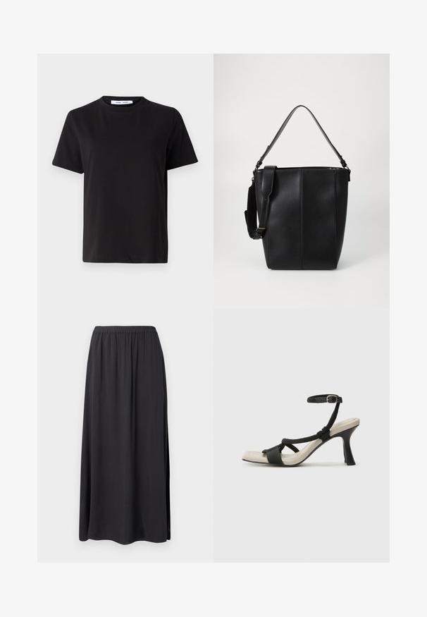 Must have lühikeste varrukatega t-särk, mis on valmistatud pehmest puuvillast, ümmarguse kaelusega, lõdva sobivusega ja sileda tekstuuriga. Ei ole nähtavaid mustreid ega graafikat.; Must musträt, mis on valmistatud pehmest ja voogavast kangast. Omab elastset vööd ja külgsiseid lõhesid, tagades mugava istuvuse ja silueti.; Mustad musta kontsaga sandaal, millel on punutud rihma disain, ruudukujuline varvas ja reguleeritav pahkluu rihm. Heleda beeži värvi jalapadi ja läikiv must konts.; Must must pouch, sile kanga, kahe kottide rihmad, ja kontrastse vertikaalse õmbluse detailiga esipinnal.