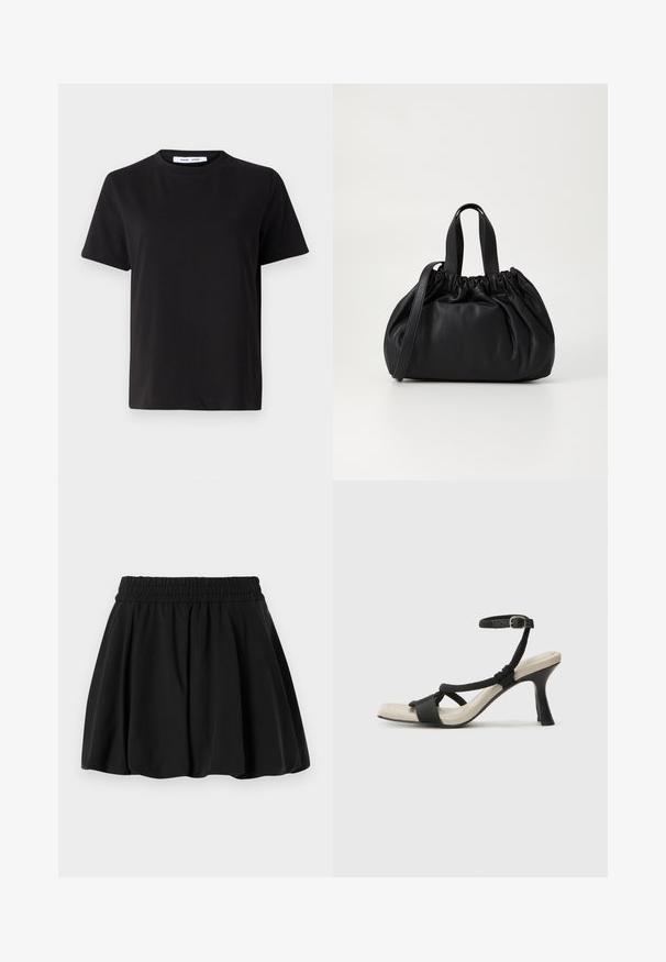 Črna majica s kratkimi rokavi iz mehkega bombaža, ki ima okroglo izrezovanje, udoben kroj in gladko teksturo. Brez vidnih vzorcev ali grafike.; Črna krila z nabranim pasom, razširjenim dizajnom in mehkobno teksturo. Gladka tkanina brez vidnih vzorcev ali kovinskih podrobnosti.; Črne sandale na visoki peti z prepletenim trakom, kvadratnim nosom in nastavljivim gležnjenjem. Svetlo bež podplat z sijajno črno peto.; Črna usnjena torbica z zloženim zgornjim dizajnom, opremljena z dvema kratkima ročkama in dolgo nastavljivo naramnico. Gladka tekstura, okrogla oblika.