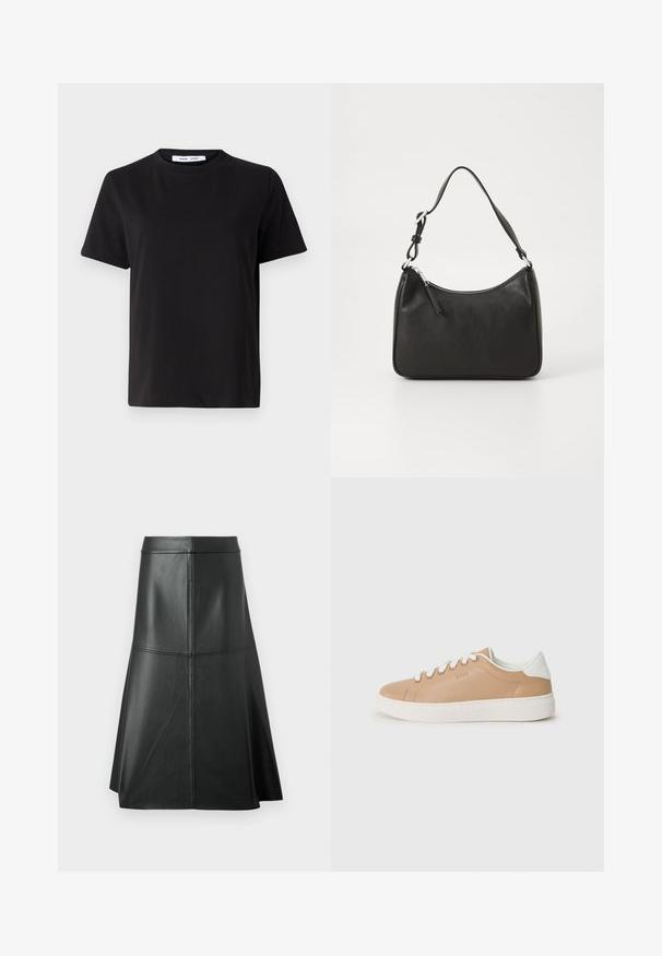 Black short-sleeve t-shirt made of soft cotton, featuring a round neckline, relaxed fit, and a smooth texture. No visible patterns or graphics.; Black leather A-line skirt, smooth texture, mid-calf length, features horizontal stitching detail at the waist and seams for added structure.; Beige leather sneaker with white accents, round toe, flat sole, and contrasting stitching details. Lace-up closure with six eyelets.; Black leather handbag with a curved shape, a single strap, zip closure, and subtle branding on the front. Smooth texture, minimalist design.
