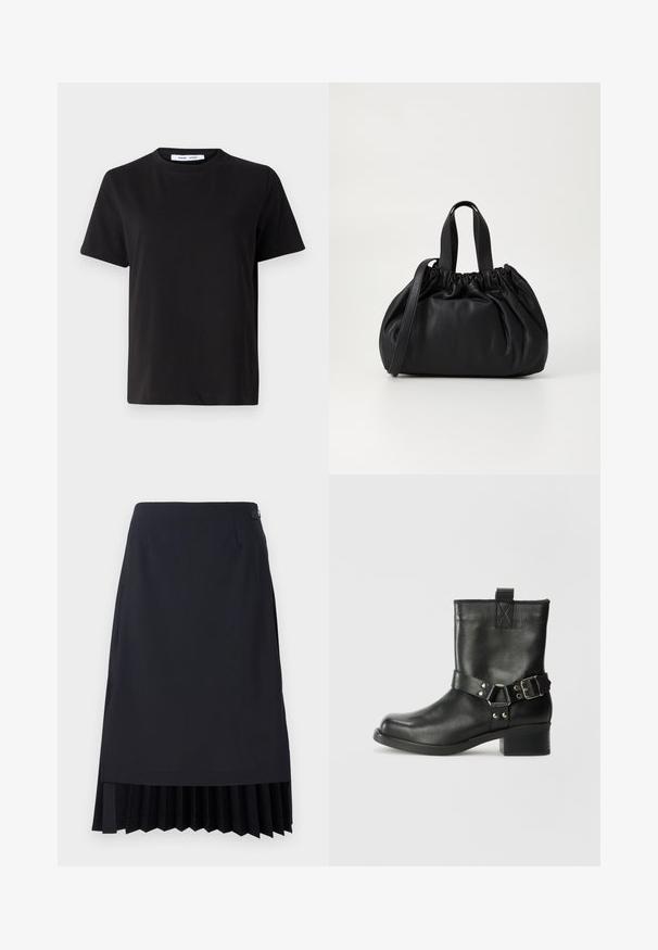 Black short-sleeve t-shirt made of soft cotton, featuring a round neckline, relaxed fit, and a smooth texture. No visible patterns or graphics.; Black pencil skirt featuring a pleated hem, tailored fit, and a smooth texture. Includes a discreet side zip and minimalistic detailing.; Samsøe Samsøe SABRENTA - Cowboy/biker ankle boot - black; Black leather handbag with a gathered top design, featuring two short handles and a long adjustable strap. Smooth texture, rounded shape.