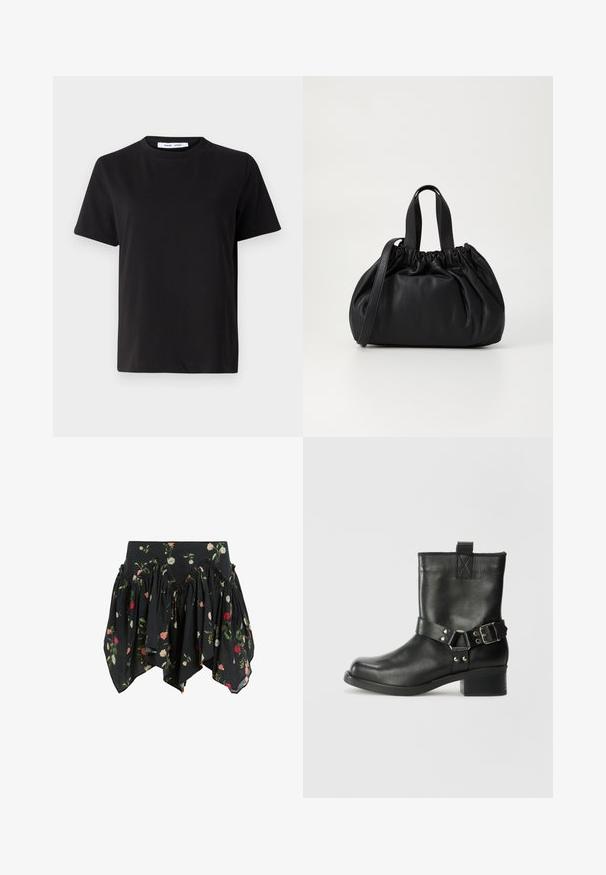 T-shirt preto de manga curta feito de algodão suave, com decote redondo, ajuste descontraído e uma textura suave. Sem padrões ou gráficos visíveis.; Saia floral preta feita de tecido leve, com design franzido adornado com rosas cor-de-rosa, vermelhas e brancas, e uma bainha assimétrica única.; Samsøe Samsøe SABRENTA - Bota de tornozelo estilo cowboy/motociclista - black; Bolsa de couro preta com um design de topo franzido, apresentando duas alças curtas e uma alça longa ajustável. Textura suave, formato arredondado.