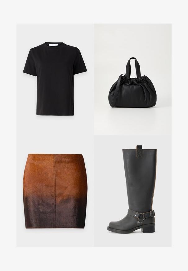 T-shirt noir à manches courtes en coton doux, avec un col rond, une coupe décontractée et une texture lisse. Pas de motifs ni de graphiques visibles.; Jupe mini dégradé brun en matériau doux, présentant une texture lisse, une silhouette ajustée et des coutures précises le long des bords.; Bottes noires en cuir, montantes jusqu'au genou, avec une finition texturée, présentant une boucle sur le côté et un talon bas. Couture détaillée le long des coutures.; Sac à main en cuir noir avec un design à haut froncé, doté de deux poignées courtes et d'une bandoulière longue et réglable. Texture lisse, forme arrondie.