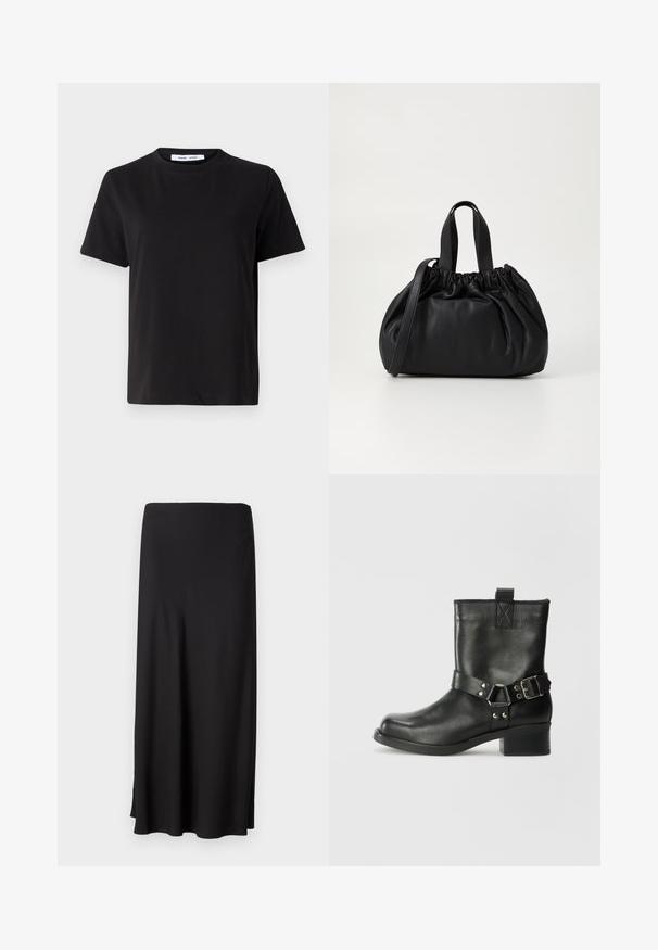 Must have lühikeste varrukatega t-särk, mis on valmistatud pehmest puuvillast, ümmarguse kaelusega, lõdva sobivusega ja sileda tekstuuriga. Ei ole nähtavaid mustreid ega graafikat.; Must have pikk must kleit, mis on valmistatud siledast kangast, sirge lõike ja külgslitsidega, et liikumine oleks mugav. Lihtne disain, ilma mustrite ja aktsentideta.; Samsøe Samsøe SABRENTA - Kauboi/mootorratturi poolsaapad - black; Mustmust mustkott mustrihmaga ülaosa disainiga, millel on kaks lühikest käepidet ja pikk reguleeritav rihm. Sile tekstuur, ümar kuju.