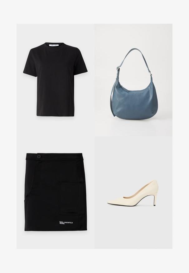 Μαύρη κοντομάνικη μπλούζα φτιαγμένη από μαλακό βαμβάκι, με στρογγυλή λαιμόκοψη, άνετη εφαρμογή και απαλό υλικό. Χωρίς ορατά σχέδια ή γραφικά.; Μαύρο σορτσάκι φτιαγμένο από απαλό ύφασμα, διαθέτει εμπρόσθιο κουμπί, πλαϊνή τσέπη και λευκό λογότυπο "KARL LAGERFELD JEANS" στο τελείωμα.; Λευκή δερμάτινη γόβα ψηλού τακουνιού με μυτερή μύτη, λεία υφή και μαύρη σόλα. Κλασικός σχεδιασμός με μέτριο ύψος τακουνιού.; Μπλε δερμάτινη τσάντα χειρός με στρογγυλή μορφή, μία λουρί ώμου, κλείσιμο με φερμουάρ και ανάγλυφο λογότυπο στο μπροστινό μέρος. Λείος υφή.