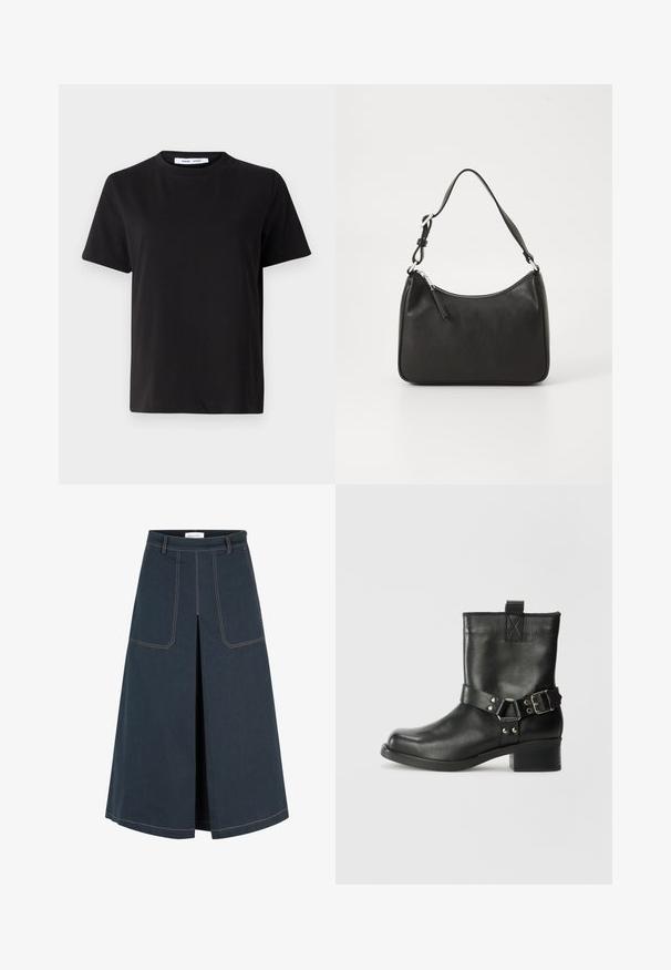 Juodas trumpas rankovės marškinėliai, pagaminti iš minkštos medvilnės, su apvaliu iškirpimu, laisvu pritaikymu ir lygiu paviršiumi. Nėra matomų raštų ar grafikos.; Tamsus džinsinis sijonas su tiesia siluetu, dviem priekinėmis kišenėmis ir priekinėmis plyšiais. Išsiskiria kontrastinga oranžine siūle kartu su siūlėmis.; Samsøe Samsøe SABRENTA - Kaubojiški / motociklininko stiliaus aulinukai - black; Juoda odinė rankinė su išlenkta forma, viena dirželiu, užtrauktuko uždarymu ir subtiliu ženklinimu priekyje. Lygus paviršius, minimalistinis dizainas.