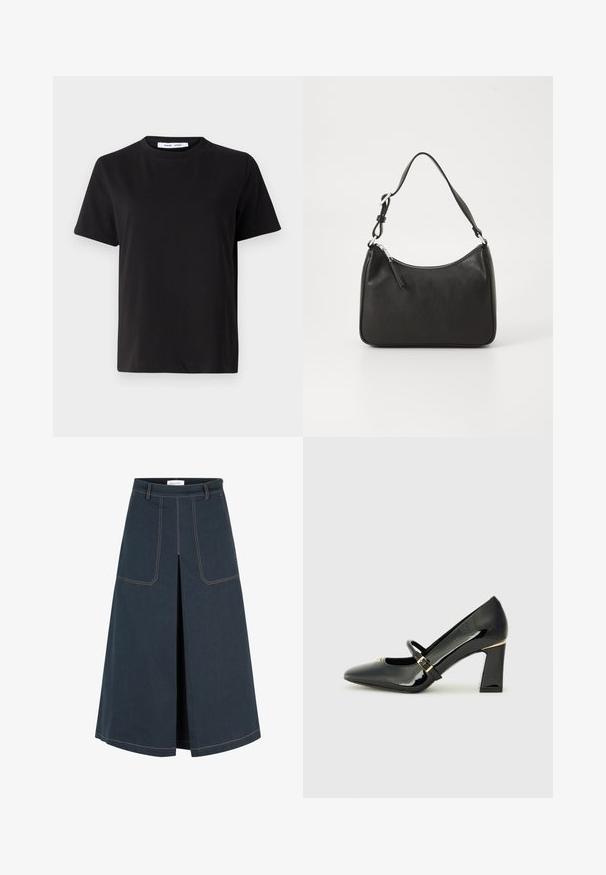 Must have lühikeste varrukatega t-särk, mis on valmistatud pehmest puuvillast, ümmarguse kaelusega, lõdva sobivusega ja sileda tekstuuriga. Ei ole nähtavaid mustreid ega graafikat.; Tume teksasklipp, sirge silueti ja kahe eesmine taskuga, ees oleva lõhiku ja kontrastse oranži õmblusega õmbluste ääres.; Musthave mustast must punase nahk kingad kõrge kanna ja terava varbaga, pahkluu rihm ja kuldne aktsent kannal. Ruudukujuline ploki kanna disain.; Must musta käekott, millel on kumer kuju, üks rihm, lukuga sulgemine ja peen brändimine esiküljel. Sile tekstuur, minimalistlik disain.