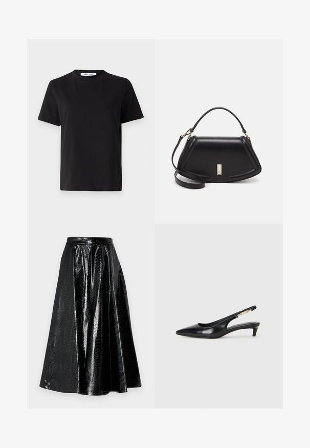 Melna īsām piedurknēm T-kreklu, kas izgatavots no mīksta kokvilnas, ar apļveida kakla izgriezumu, brīvu piegriezumu un gludu tekstūru. Nav redzamu rakstu vai grafikas.; Melnā mākslīgā āda svārki ar krokodilu rakstu, ar izplešanos un krokām, pabeigti ar gludu jostasvietu.; Melnas ādas slingback zābaki ar smailu purngalu, ar šauru papēdi un zelta krāsas akcentu uz regulējama siksniņas. Gluda tekstūra.; Melnas ādas roku soma ar struktūru, ar īsu formu, augšējo rokturi un zelta aksesuāriem. Iekļauta regulējama plecu siksna.