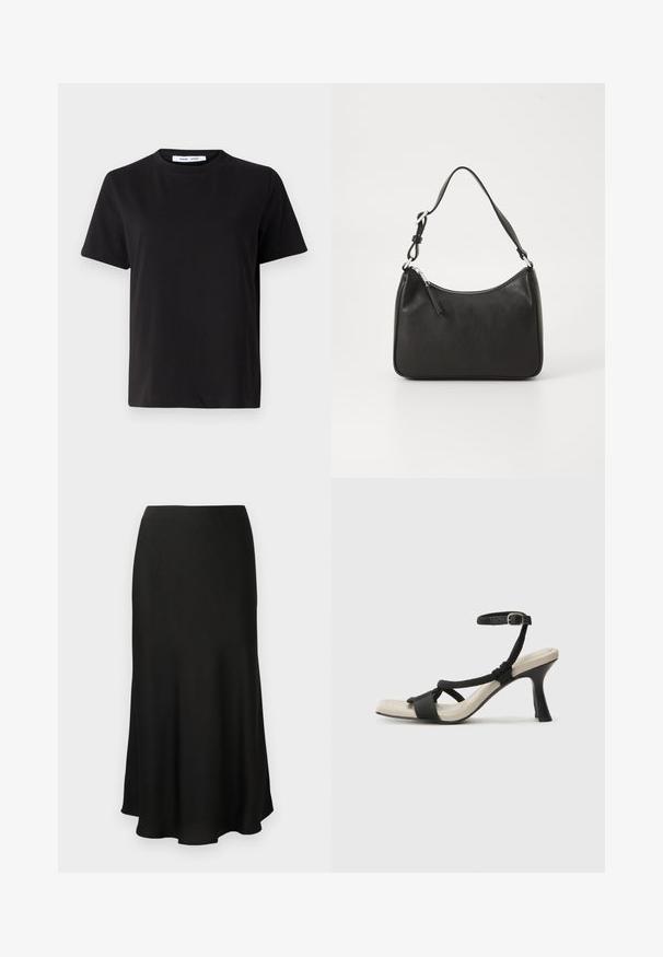 Tricou negru cu manșon scurt, fabricat din bumbac moale, având un guler rotund, o croială lejeră și o textură netedă. Fără modele sau grafice vizibile.; Fustă midi neagră, fluidă, realizată dintr-un material moale. Prezintă un talie netedă și un tiv ușor evazat, cu o siluetă elegantă.; Sandal cu toc negru, cu design de curea împletită, vârf pătrat și curea de gleznă ajustabilă. Tălpică de un bej deschis și toc negru lucios.; Geantă de mână din piele neagră, cu o formă curbată, curea unică, închidere cu fermoar și un branding subtil pe față. Textură fină, design minimalist.