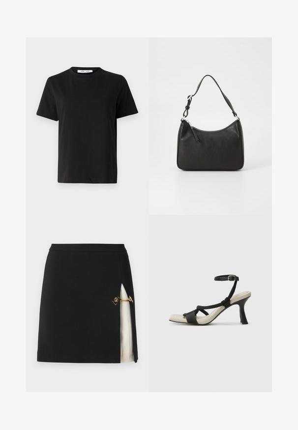 Černé tričko s krátkým rukávem vyrobené z měkké bavlny, s kulatým výstřihem, volným střihem a hladkým povrchem. Žádné viditelné vzory ani grafika.; Černá mini sukně s bočním rozparkem, která odhaluje krémovou podšívku, disponující zlatými kovovými detaily a elegantní, hladkou texturou látky.; Černé sandály na podpatku s pleteným designem pásku, čtveratou špičkou a nastavitelným páskem kolem kotníku. Světle béžová stélka s lesklým černým podpatkem.; Černá kožená kabelka s zakřiveným tvarem, s jedním popruhem, zipovým uzávěrem a decentním logem na přední straně. Hladká textura, minimalistický design.