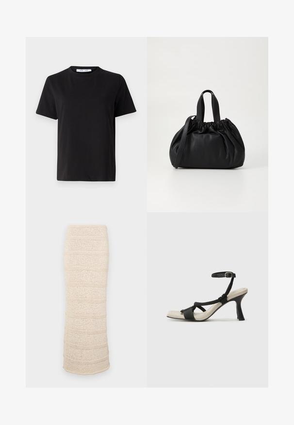 T-shirt noir à manches courtes en coton doux, avec un col rond, une coupe décontractée et une texture lisse. Pas de motifs ni de graphiques visibles.; Jupe midi tricotée en beige clair avec des rayures texturées horizontales. Silhouette ajustée, tissu doux et ourlet légèrement ouvert en bas.; Sandale à talon noir avec un design de brides tressées, bout carré et bride de cheville réglable. Semelle intérieure beige claire avec un talon noir brillant.; Sac à main en cuir noir avec un design à haut froncé, doté de deux poignées courtes et d'une bandoulière longue et réglable. Texture lisse, forme arrondie.