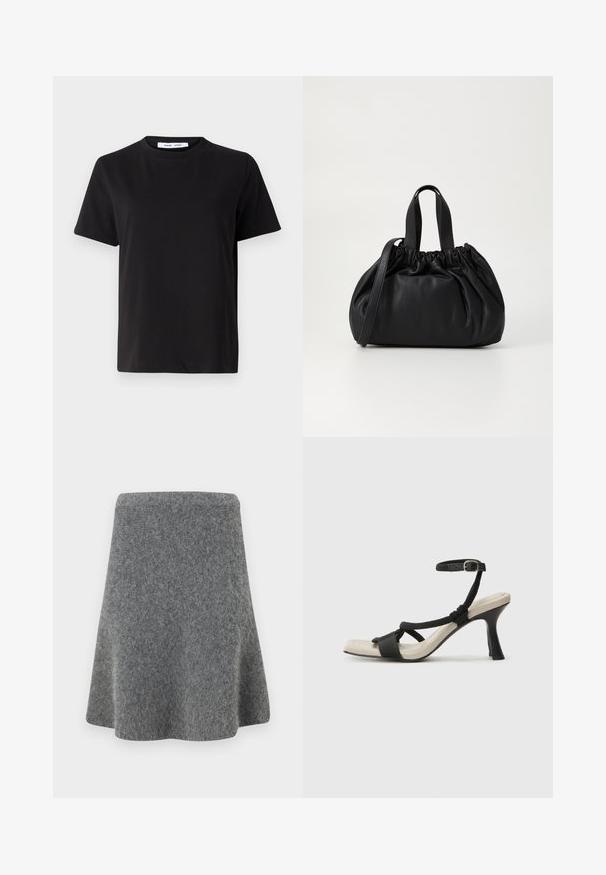 Čierne tričko s krátkym rukávom vyrobené z mäkkej bavlny, s okrúhlym výstrihom, uvoľneným strihom a hladkou štruktúrou. Žiadne viditeľné vzory ani grafika.; Sivá sukňa A-línie vyrobená z mäkkého, štruktúrovaného materiálu. Má priliehavý pás a rozšírený lem, čo poskytuje hladký siluetu.; Čierne sandále na podpätku s pleteným pásikom, štvorcovou špičkou a nastaviteľným remienkom okolo členka. Svetlobéžová stielka s lesklým čiernym podpätkom.; Čierna kožená kabelka so zberaným vrchom, s dvoma krátkymi držadlami a dlhým nastaviteľným popruhom. Hladká textura, zaoblený tvar.