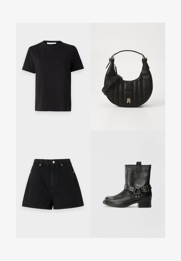 Tricou negru cu manșon scurt, fabricat din bumbac moale, având un guler rotund, o croială lejeră și o textură netedă. Fără modele sau grafice vizibile.; Shorts din denim negru cu talie înaltă, cinci buzunare, accesorii argintii și o croială standard, cu o textură netedă și finisaje curate.; Samsøe Samsøe SABRENTA - Botine cowboy/biker - black; Geantă de mână din piele neagră, cu o formă curbată, textură matlasată și accesorii aurii. Dispune de o curea pentru umăr detașabilă și detalii cu logo.
