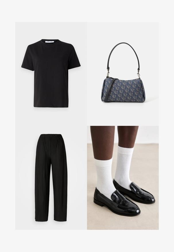 Melna īsām piedurknēm T-kreklu, kas izgatavots no mīksta kokvilnas, ar apļveida kakla izgriezumu, brīvu piegriezumu un gludu tekstūru. Nav redzamu rakstu vai grafikas.; Melni plaši svārki ar krokām un elastīgu jostu. Audumam ir vertikālas krokas un gluda tekstūra.; Melnas lakotas ādas loafers ar izšūtu dizainu, apvienoti ar baltām kokvilnas īsām zeļļu zeķēm, priekšā uz gaiša grīdas fona.; Zila ar rakstu somiņa, kas izgatavota no auduma, ar izliekta formu, melnu ādas siksnu un logotipa dizainu gaišākā tonī.