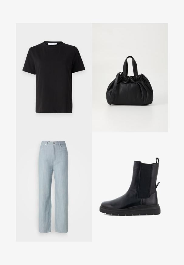 Melna īsām piedurknēm T-kreklu, kas izgatavots no mīksta kokvilnas, ar apļveida kakla izgriezumu, brīvu piegriezumu un gludu tekstūru. Nav redzamu rakstu vai grafikas.; Gaiši zilas taisnas kājas džinsi, izgatavoti no džinsa auduma. Iezīmē piecas kabatas, metāla pogu aizdari un smalku nodilumu tekstūrai.; Melni potīšu zābaki, kas izgatavoti no gludas ādas, ar elastīgām sānu panelēm, aizmugurē esošu cilpu un biezu gumijas zoli.; Melnas ādas rokassomu ar savākta augšdaļa dizainu, kas aprīkota ar divām īsām rokturiem un garu regulējamu siksnu. Gluda tekstūra, noapaļota forma.