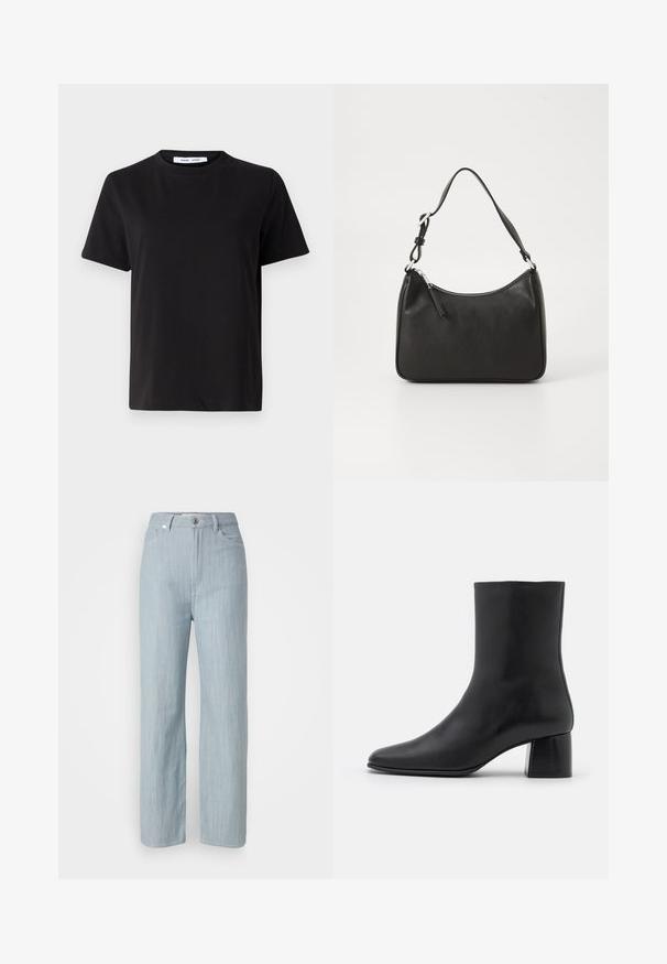 Camiseta negra de manga corta hecha de algodón suave, con un cuello redondo, corte relajado y una textura lisa. Sin patrones ni gráficos visibles.; Jeans de pierna recta en azul claro, hechos de denim. Cuenta con cinco bolsillos, un cierre de botón de metal y un sutil desgastado para añadir textura.; Botín negro de cuero hasta el tobillo con punta afilada y un tacón cuadrado y grueso. Textura suave con un diseño sin costuras y un estilo minimalista en las costuras.; Bolso de mano de cuero negro con forma curvada, una sola correa, cierre de cremallera y marcas sutiles en la parte frontal. Textura suave, diseño minimalista.