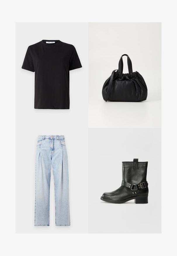 Black short-sleeve t-shirt made of soft cotton, featuring a round neckline, relaxed fit, and a smooth texture. No visible patterns or graphics.; Light blue denim jeans with a high waist, wide-leg cut, two side pockets, and pleated design feature. Soft texture with a faded finish.; Samsøe Samsøe SABRENTA  - Cowboy/biker ankle boot - black; Black leather handbag with a gathered top design, featuring two short handles and a long adjustable strap. Smooth texture, rounded shape.