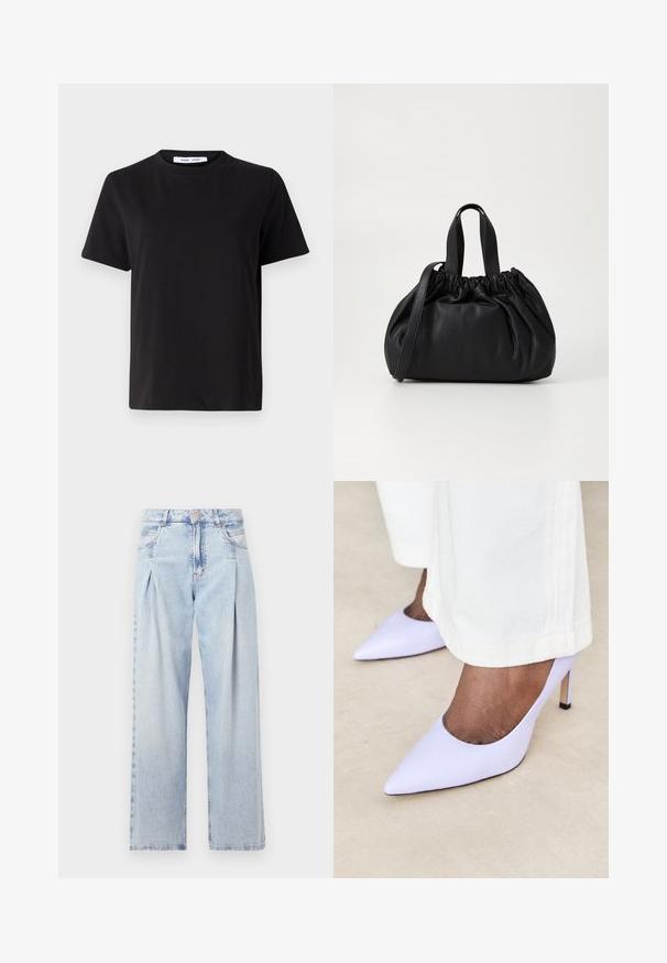 Svart kortermet t-skjorte laget av myk bomull, med rund hals, avslappet passform og en jevn tekstur. Ingen synlige mønstre eller grafikk.; Lyseblå denimjeans med høy livlinje, vide ben, to sidelommer og plisserte detaljer. Myk tekstur med en falmet finish.; BOSS JANET - Høye hæler - medium purple; Svart lærveske med en samlet toppdesign, som har to korte håndtak og en lang justerbar stropp. Glatt tekstur, rund form.