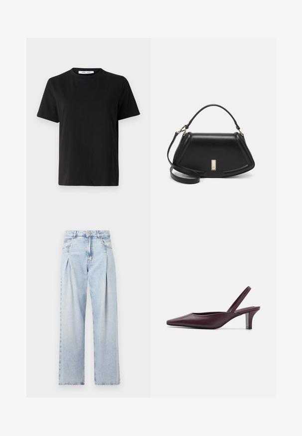 Black short-sleeve t-shirt made of soft cotton, featuring a round neckline, relaxed fit, and a smooth texture. No visible patterns or graphics.; Light blue denim jeans with a high waist, wide-leg cut, two side pockets, and pleated design feature. Soft texture with a faded finish.; Burgundy leather slingback heels with a pointed toe and a slender, transparent heel. Smooth texture with minimal detailing.; Black leather handbag with a structured design, featuring a cropped shape, top handle, and gold hardware accent. Adjustable shoulder strap included.