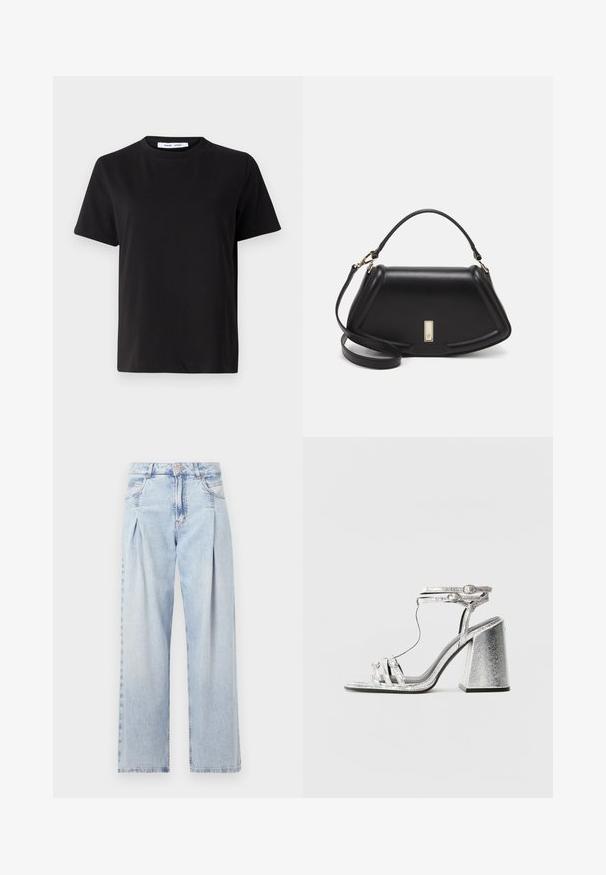 T-shirt nero a maniche corte realizzato in morbido cotone, con scollatura rotonda, vestibilità rilassata e una superficie liscia. Nessun motivo o grafica visibile.; Jeans in denim azzurro chiaro con vita alta, taglio a gamba larga, due tasche laterali e design plissettato. Texture morbida con una finitura sbiadita.; Sandalo con tacco a blocco argentato, caratterizzato da fasce sottili e una fibbia alla caviglia. Il materiale ha una finitura metallica con un aspetto testurizzato.; Borsa a mano in pelle nera con un design strutturato, caratterizzata da una forma corta, manico superiore e accessori in metallo dorato. Inclusa tracolla regolabile.