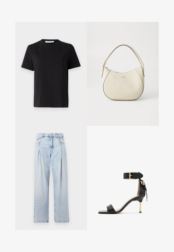 Black short-sleeve t-shirt made of soft cotton, featuring a round neckline, relaxed fit, and a smooth texture. No visible patterns or graphics.; Light blue denim jeans with a high waist, wide-leg cut, two side pockets, and pleated design feature. Soft texture with a faded finish.; Black leather heeled sandal with a square toe, ankle strap featuring a gold buckle, and a slender metallic heel. Smooth texture, minimalist design.; Cream-colored handbag with a textured finish, curved shape, short handle, and gold-tone logo detail. Zipper closure at the top.