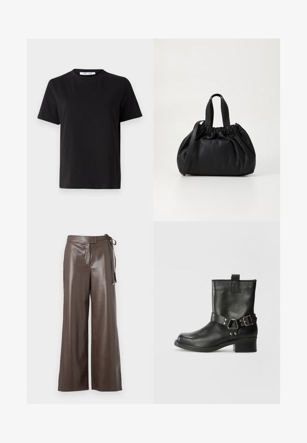 Melna īsām piedurknēm T-kreklu, kas izgatavots no mīksta kokvilnas, ar apļveida kakla izgriezumu, brīvu piegriezumu un gludu tekstūru. Nav redzamu rakstu vai grafikas.; Brūnas mākslīgās ādas platās kājas bikses ar augstu jostasvietu un sānu saiašu detaļu uz baltā fona.; Samsøe Samsøe SABRENTA - Kovboju/motociklistu tipa puszābaki - black; Melnas ādas rokassomu ar savākta augšdaļa dizainu, kas aprīkota ar divām īsām rokturiem un garu regulējamu siksnu. Gluda tekstūra, noapaļota forma.