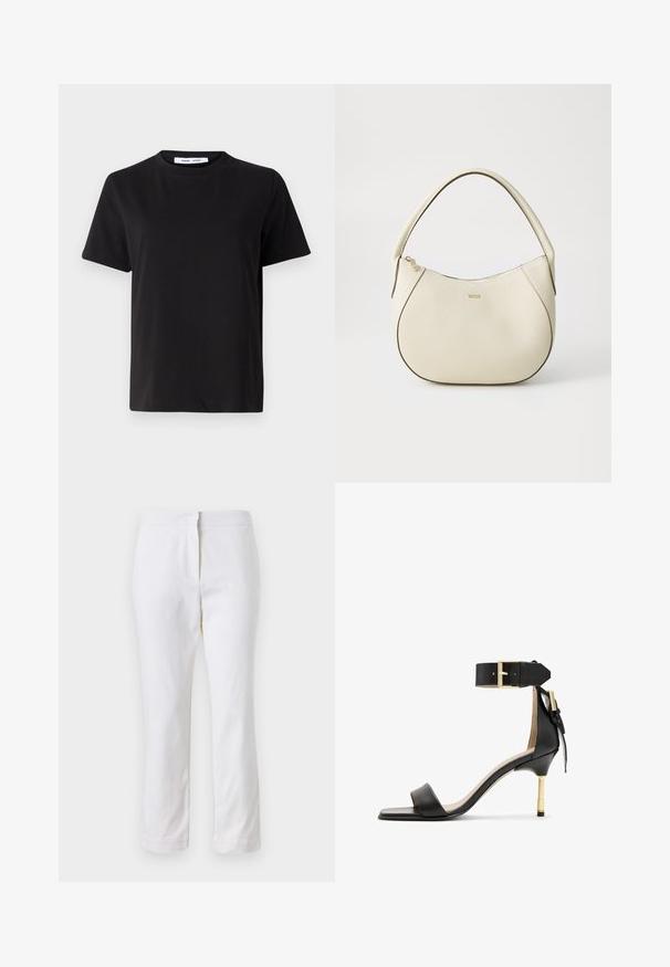 Čierne tričko s krátkym rukávom vyrobené z mäkkej bavlny, s okrúhlym výstrihom, uvoľneným strihom a hladkou štruktúrou. Žiadne viditeľné vzory ani grafika.; Biele bavlnené nohavice so striedmym strihom, s pásom strednej výšky a bez viditeľných kovových prvkov alebo vzorov. Hladká textúra po celom obvode.; Čierne kožené sandále na podpätku so štvorcovou špičkou, remienkom okolo členka s zlatou sponou a štíhlym kovovým podpätkom. Hladká textúra, minimalistický dizajn.; Krémová kabelka s textúrovaným povrchom, zakriveným tvarom, krátkym uchom a detailom loga v zlatom tóne. Zapínanie na zips na vrchu.