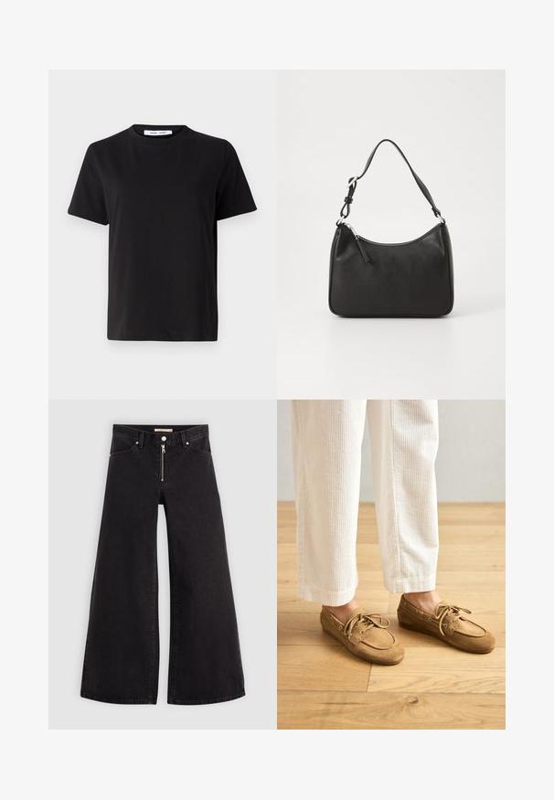 Schwarzes T-Shirt mit kurzen Ärmeln aus weicher Baumwolle, mit rundem Ausschnitt, lockerer Passform und glatter Textur. Keine sichtbaren Muster oder Grafiken.; Schwarze Denim-Jeans mit weitem Bein, Reißverschluss vorne, Fünf-Taschen-Design und dezenten Stickdetails. Glatte Textur und lässiger Stil.; Braune Wildleder-Bootsschuhe mit Schnürsenkeln, abgerundeter Zehenpartie und gesteppten Akzenten. Getragen mit weißen Cordhosen in einer Holzumgebung.; Schwarze Lederhandtasche mit geschwungener Form, einem einzigen Tragegurt, Reißverschlussverschluss und dezentem Branding auf der Vorderseite. Glatte Textur, minimalistisches Design.