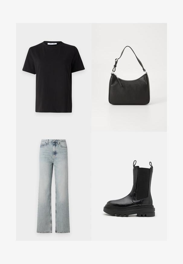 Must have lühikeste varrukatega t-särk, mis on valmistatud pehmest puuvillast, ümmarguse kaelusega, lõdva sobivusega ja sileda tekstuuriga. Ei ole nähtavaid mustreid ega graafikat.; Kõrgvöödiline helesinine denim teksapüksid, millel on lai jalgade siluett, viis taskut ja kanga ääres kerge pleekimine.; Musta pahkluu kott, millel on läikiv nahkviimistlus, elastsed külgpaneelid, tõmbehelmed ja paks tekstuuriga kummitald. Massiivne disain, sujuv siluett.; Must musta käekott, millel on kumer kuju, üks rihm, lukuga sulgemine ja peen brändimine esiküljel. Sile tekstuur, minimalistlik disain.