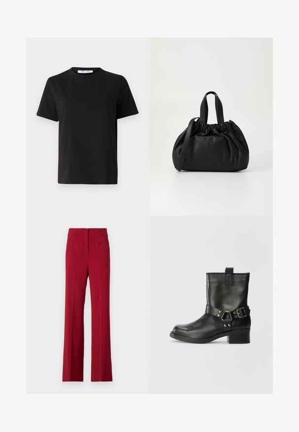 Črna majica s kratkimi rokavi iz mehkega bombaža, ki ima okroglo izrezovanje, udoben kroj in gladko teksturo. Brez vidnih vzorcev ali grafike.; Rde hlače s prilagojenim krojem in ravnimi nogavicami, ki imajo sprednje žepke in gladko površino tkanine. Brez vidnih zapiranj ali okraskov.; Samsøe Samsøe SABRENTA - Gležnjar v kavbojskem in motorističnem slogu - black; Črna usnjena torbica z zloženim zgornjim dizajnom, opremljena z dvema kratkima ročkama in dolgo nastavljivo naramnico. Gladka tekstura, okrogla oblika.