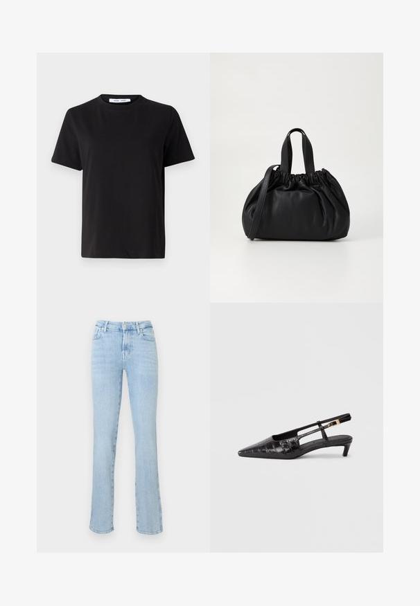 Camiseta negra de manga corta hecha de algodón suave, con un cuello redondo, corte relajado y una textura lisa. Sin patrones ni gráficos visibles.; Jeans de tiro alto de pierna recta en azul claro, con cierre frontal de botón y cremallera, cinco bolsillos y sutiles detalles desgastados.; Zapato negro de piel con puntera afilada y diseño tipo slingback, con textura de cocodrilo, pequeño tacón apilado y correa ajustable con detalle de hebilla metálica.; Bolso de mano de cuero negro con un diseño de parte superior fruncida, que cuenta con dos asas cortas y una correa larga ajustable. Textura suave, forma redondeada.
