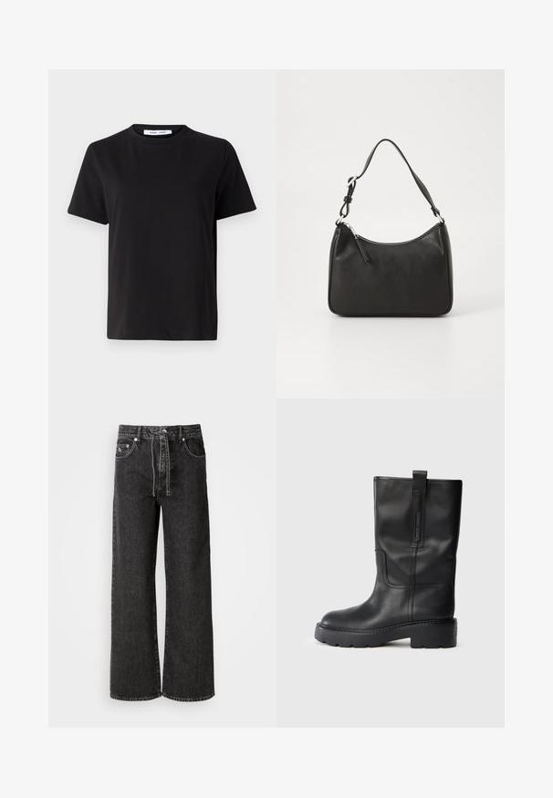 Svart kortermet t-skjorte laget av myk bomull, med rund hals, avslappet passform og en jevn tekstur. Ingen synlige mønstre eller grafikk.; Sorte vidde jeans laget av denim. Har høy midje, beltehemper, frontlommer og detaljer i sølvmetall.; Sorte skinn kne-høye støvler med et elegant design, med tykk såle og et sidehank for enkel påkledning. Merket med synlige sømdetaljer.; Svart lærveske med en buet form, en enkelt stropp, glidelåslukking og subtil merkevarebygging på forsiden. Glatt tekstur, minimalistisk design.