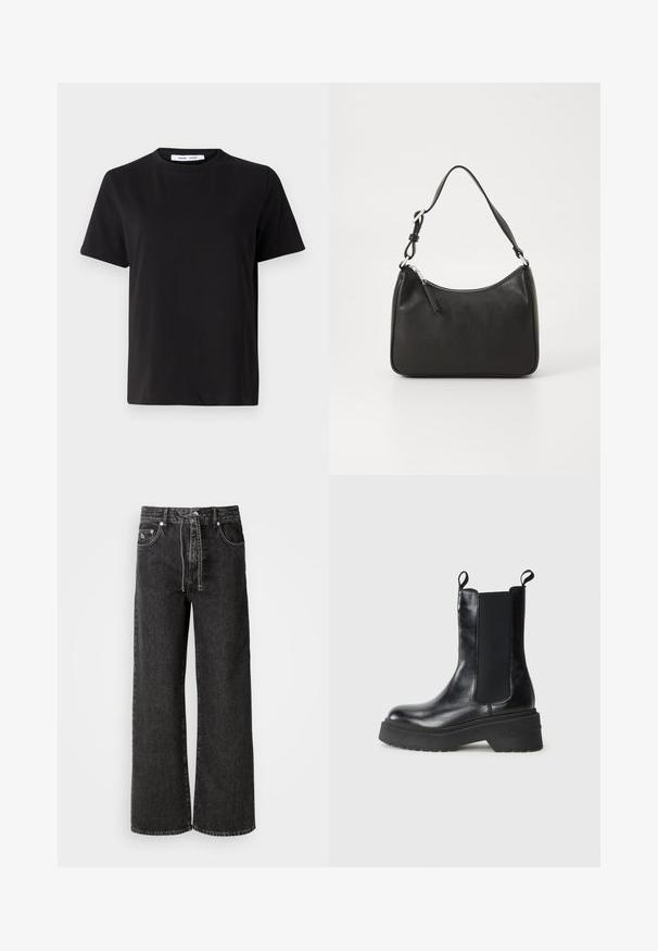 Tricou negru cu manșon scurt, fabricat din bumbac moale, având un guler rotund, o croială lejeră și o textură netedă. Fără modele sau grafice vizibile.; Jeans negri cu picioare largi, fabricate din denim. Au talie înaltă, bucle pentru curea, buzunare frontale și detalii din metal argintiu.; Botine negre până la gleznă cu panouri elastice pe laterale și bucle pentru tragere, având o talpă groasă etichetată "TOMMY." Design simplu și elegant pe un fundal alb.; Geantă de mână din piele neagră, cu o formă curbată, curea unică, închidere cu fermoar și un branding subtil pe față. Textură fină, design minimalist.