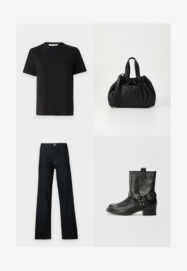 Zwart T-shirt met korte mouwen, gemaakt van zachte katoen, met een ronde hals, een ontspannen pasvorm en een gladde textuur. Geen zichtbare patronen of opdrukken.; Donkere spijkerbroek met een wijd been ontwerp. Voorzien van een knoopsluiting, vijf zakken en contrasterend oranje stiksel.; Samsøe Samsøe SABRENTA - Cowboy-/Bikerlaarsjes - black; Zwarte leren handtas met een geplooid ontwerp aan de bovenkant, voorzien van twee korte handvatten en een lange verstelbare schouderband. Gladde textuur, ronde vorm.