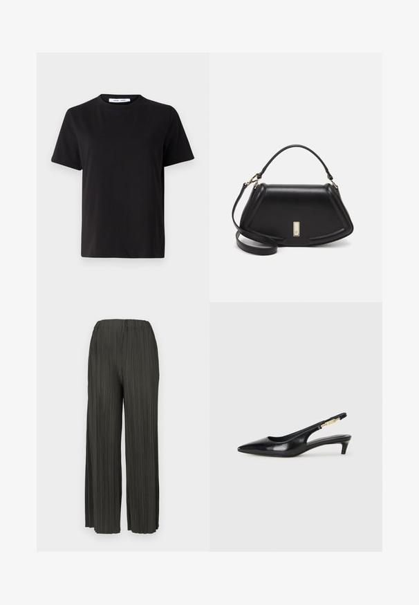 Czarny t-shirt z krótkim rękawem wykonany z miękkiej bawełny, z okrągłym dekoltem, luźnym krojem i gładką fakturą. Bez widocznych wzorów ani grafik.; Ciemnozielone, plisowane spodnie szerokie z elastycznym pasem, charakteryzujące się pionową teksturą i lekkim, zwiewnym materiałem.; Czarne skórzane szpilki typu slingback z ostrym noskiem, posiadające smukły obcas i złoty akcent na regulowanym pasku. Gładka tekstura.; Czarna skórzana torebka o strukturalnym designie, z przyciętą formą, górnym uchwytem i złotymi akcentami. W zestawie regulowany pasek na ramię.
