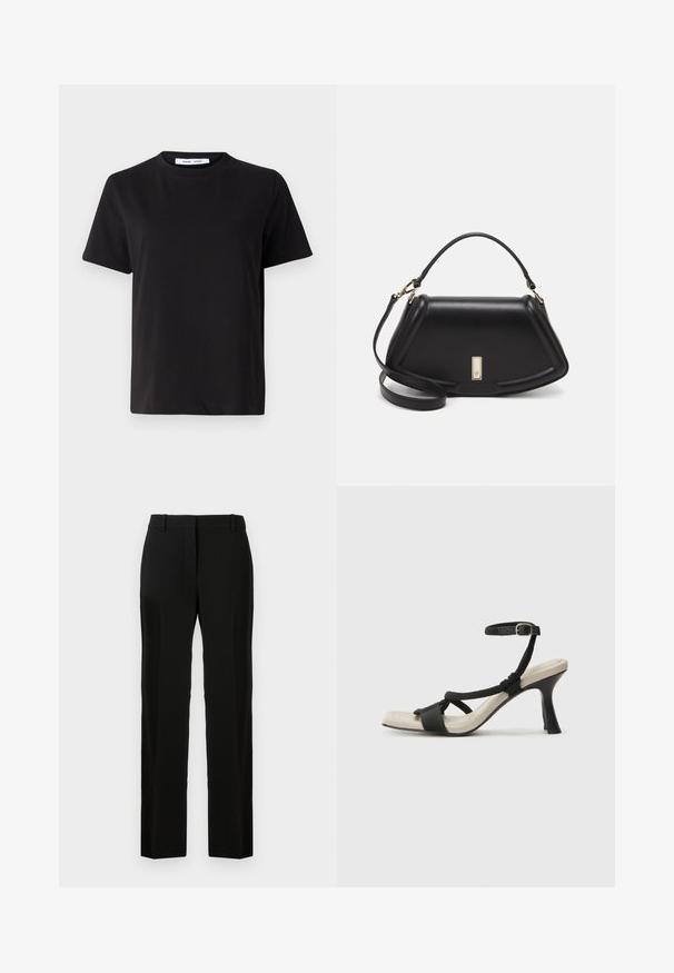 Must have lühikeste varrukatega t-särk, mis on valmistatud pehmest puuvillast, ümmarguse kaelusega, lõdva sobivusega ja sileda tekstuuriga. Ei ole nähtavaid mustreid ega graafikat.; Mustad püksid sirge lõikega, valmistatud siledast kangast, millega on kokku sobitatud lame esikülg, vöökohad ning ilma nähtavate mustrite või detailideta.; Mustad musta kontsaga sandaal, millel on punutud rihma disain, ruudukujuline varvas ja reguleeritav pahkluu rihm. Heleda beeži värvi jalapadi ja läikiv must konts.; Must mustrist käekott, millel on struktureeritud disain, lühendatud kuju, ülemine käepide ja kuldne metallist detail. Reguleeritav õlalihm on kaasas.