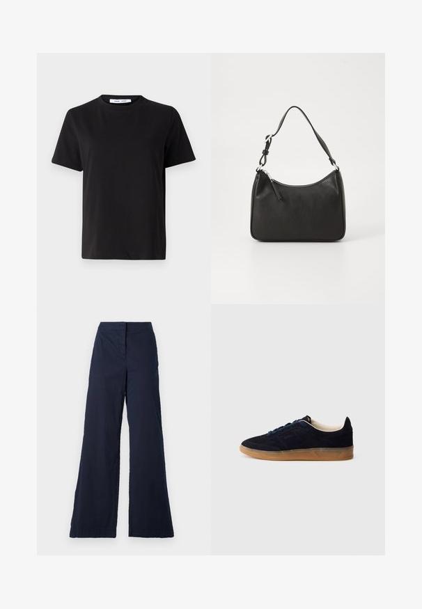 Svart kortermet t-skjorte laget av myk bomull, med rund hals, avslappet passform og en jevn tekstur. Ingen synlige mønstre eller grafikk.; Marineblå vide bukser lavet af en blanding af bomuldsstof, med en glat tekstur, flad frontliv og bukkede kanter.; Navy blå semsket sneakers med såle av gummikaramell, blå lisser og minimalistisk design. Har preget logo på siden og glatt innerfôr.; Svart lærveske med en buet form, en enkelt stropp, glidelåslukking og subtil merkevarebygging på forsiden. Glatt tekstur, minimalistisk design.