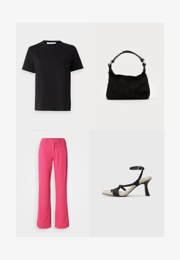 Czarny t-shirt z krótkim rękawem wykonany z miękkiej bawełny, z okrągłym dekoltem, luźnym krojem i gładką fakturą. Bez widocznych wzorów ani grafik.; Różowe spodnie szerokie wykonane z bawełny, z przodu z guzikiem, zamkiem błyskawicznym i klasycznym pięciopocketowym designem. Gładka tekstura i standardowy krój.; Czarne sandały na obcasie z plecionym paskiem, kwadratowym noskiem i regulowanym paskiem na kostkę. Jasnobeżowa wkładka z błyszczącym czarnym obcasem.; Czarna torebka z sztucznego futra o miękkiej fakturze, zaokrąglonym kształcie i solidnym czarnym skórzanym pasku na ramię. Widoczne srebrne akcenty.