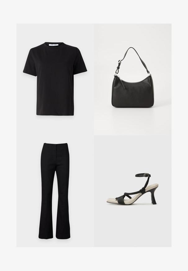 Fekete, rövid ujjú póló, puha pamutból készült, kerek nyakkivágással, laza szabással és sima textúrával. Nincs látható minta vagy grafikák.; Fekete, bővülő szárú nadrág sima textúrával és testreszabott fazonnal. Magas derekú és minimalista dizájnú. Nincsenek látható minták vagy fémrészek.; Fekete sarkú szandál fonott pánttal, négyzet alakú orral és állítható bokapánttal. Világos bézs talpbetét fényes fekete sarkával.; Fekete bőrtáska ívelt formával, egyetlen pánttal, cipzáras záródással és diszkrét logóval az elején. Simább textúra, minimalista dizájn.