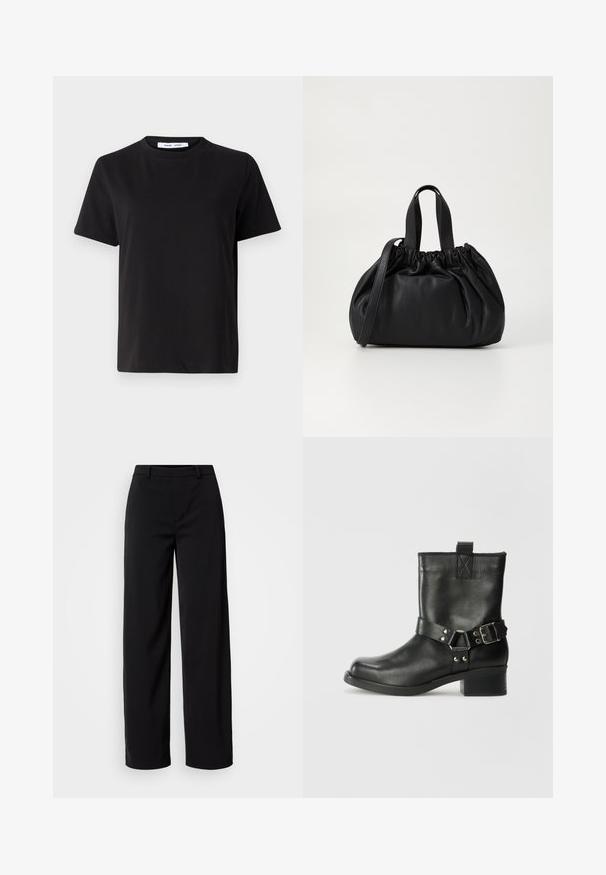 Čierne tričko s krátkym rukávom vyrobené z mäkkej bavlny, s okrúhlym výstrihom, uvoľneným strihom a hladkou štruktúrou. Žiadne viditeľné vzory ani grafika.; Čierne nohavice s širokými nohavicami vyrobené z hladkého materiálu, so klasickým pásom a prispôsobeným strihom s prednými vreckami.; Samsøe Samsøe SABRENTA  - Kovbojská/motorkárska členková čižma - black; Čierna kožená kabelka so zberaným vrchom, s dvoma krátkymi držadlami a dlhým nastaviteľným popruhom. Hladká textura, zaoblený tvar.