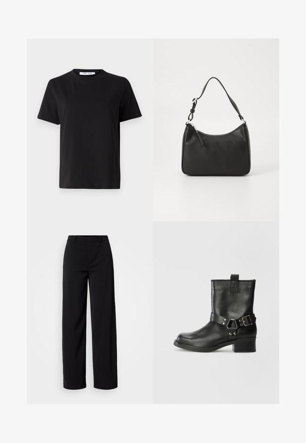Schwarzes T-Shirt mit kurzen Ärmeln aus weicher Baumwolle, mit rundem Ausschnitt, lockerer Passform und glatter Textur. Keine sichtbaren Muster oder Grafiken.; Schwarze, weit geschnittene Hose aus glattem Stoff, mit einem klassischen Bund und einer taillierten Silhouette sowie frontseitigen Taschen.; Samsøe Samsøe SABRENTA - Cowboy-/Bikerstiefelette - black; Schwarze Lederhandtasche mit geschwungener Form, einem einzigen Tragegurt, Reißverschlussverschluss und dezentem Branding auf der Vorderseite. Glatte Textur, minimalistisches Design.