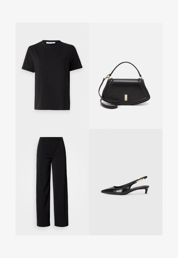 T-shirt nero a maniche corte realizzato in morbido cotone, con scollatura rotonda, vestibilità rilassata e una superficie liscia. Nessun motivo o grafica visibile.; Pantaloni neri a gamba larga realizzati in tessuto morbido, con una vita classica e una silhouette sagomata, dotati di tasche frontali.; Tacchi slingback in pelle nera con punta affusolata, caratterizzati da un tacco alto e un accento dorato sulla cinghia regolabile. Texture liscia.; Borsa a mano in pelle nera con un design strutturato, caratterizzata da una forma corta, manico superiore e accessori in metallo dorato. Inclusa tracolla regolabile.