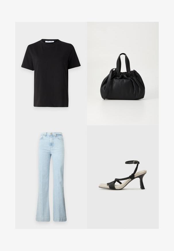 Tricou negru cu manșon scurt, fabricat din bumbac moale, având un guler rotund, o croială lejeră și o textură netedă. Fără modele sau grafice vizibile.; Jeans evazați de culoare albastru deschis, fabricate din denim. Prezintă talie înaltă, fermoar și două buzunare frontale. Fadare subtilă pe material, tiv curat.; Sandal cu toc negru, cu design de curea împletită, vârf pătrat și curea de gleznă ajustabilă. Tălpică de un bej deschis și toc negru lucios.; Geantă de mână din piele neagră cu un design cu partea superioară plisată, având două mânere scurte și o curea lungă ajustabilă. Textură netedă, formă rotunjită.