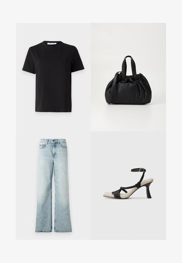 T-shirt preto de manga curta feito de algodão suave, com decote redondo, ajuste descontraído e uma textura suave. Sem padrões ou gráficos visíveis.; Jeans de perna larga, em azul claro, feitos de denim, com uma cintura alta, bainha curta e uma textura suave com detalhes desbotados.; Sandal com salto alto preto e design de tiras trançadas, bico quadrado e tira de tornozelo ajustável. Sola em tom bege claro com um salto preto brilhante.; Bolsa de couro preta com um design de topo franzido, apresentando duas alças curtas e uma alça longa ajustável. Textura suave, formato arredondado.